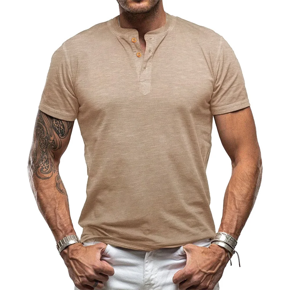 Baumwolle Männer T-shirt Henry Neck Hohe Elastische Mode Design Slim Fit Solide T-shirts Männlich Tops Tees Kurzarm T Shirt Für männer