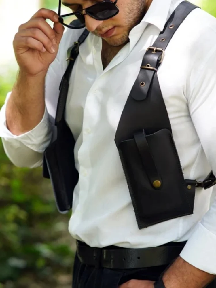 Mannen en vrouwen verstelbare schoudertas middeleeuwse retro steampunk bandjes Halloween Party cosplay lederen tactische jachtportemonnee