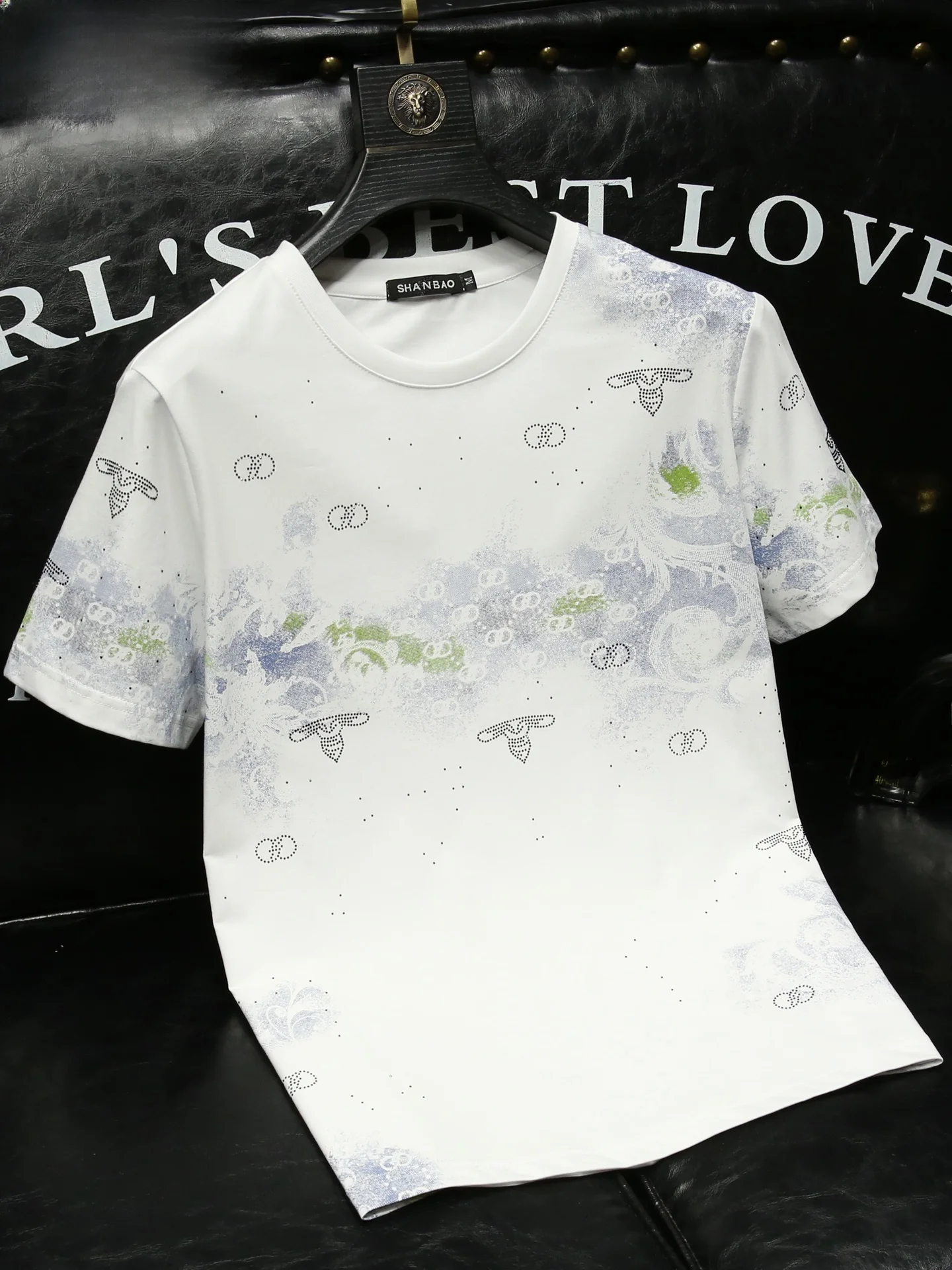 

Faionable Silk Cotton Printed T-irt Men's ort Sve Summer New Sle High-End Brand Glittering Diamond Decorated Top