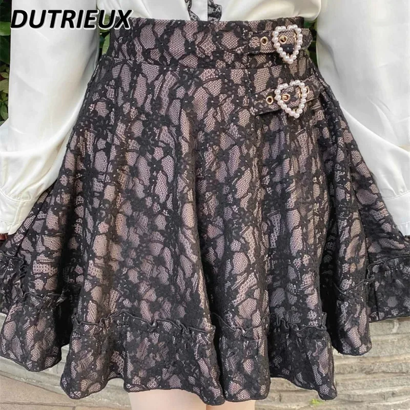 Japanese Single Rojita Skirt Girl Heart-Shaped Buckle Skirts Autumn New Full Lace Lace-up Pleated High Waist Sweet Lolita Skirt