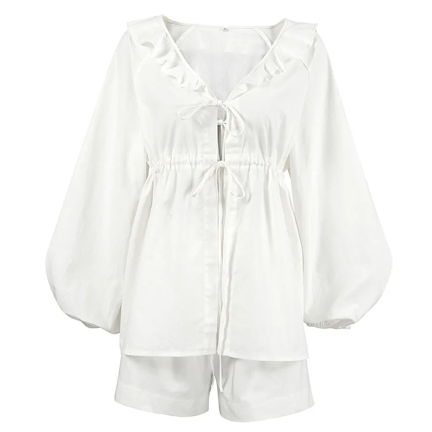 Shorts Suit Euro-America Style Cotton and Linen White Lantern Sleeve V-neck Top Summer