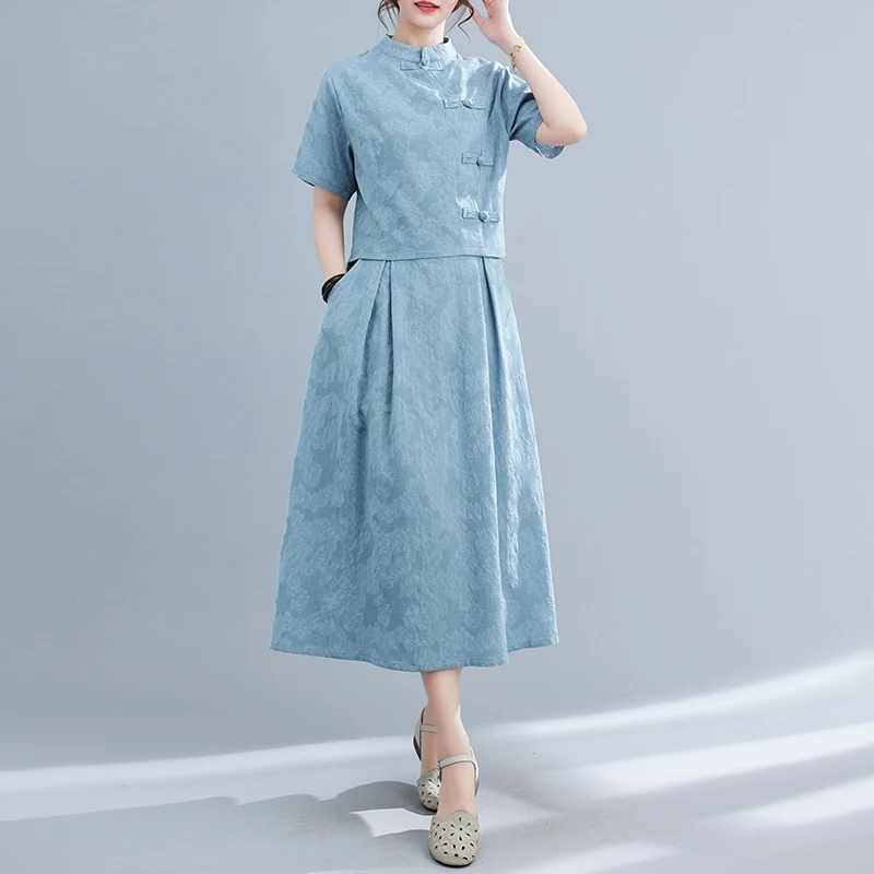 Faionable Cotton Linen Embroidered Button Stand Collar Tang Suit Top High Waist  Skirt National Sle Two Piece Set Summer