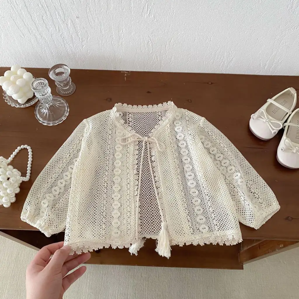 Kid Girl Solid Color Air-conditioned Shirt 0-5T Summer Korean Children Girl Cardigan Lace Hollow Toddler Girl Thin Sunscreen Top