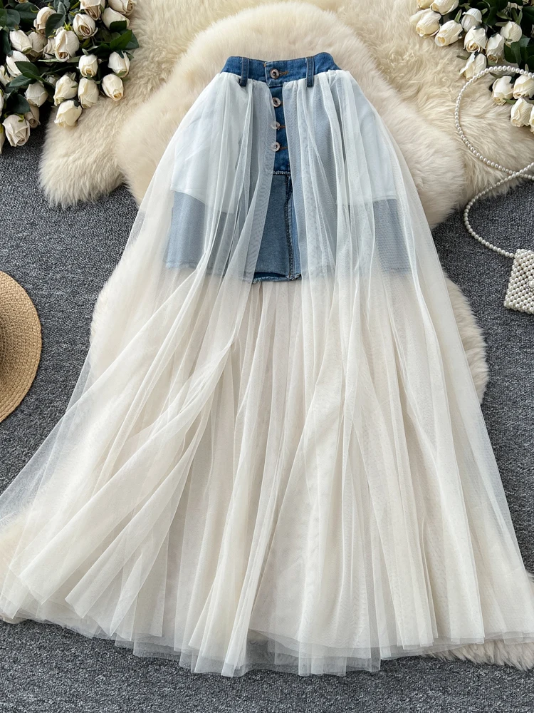 

Double-Sided Wearable High Waist Midi Skirt Women's Spring Summer Design Sensation Small ence All-Match Denim Splicing Me...