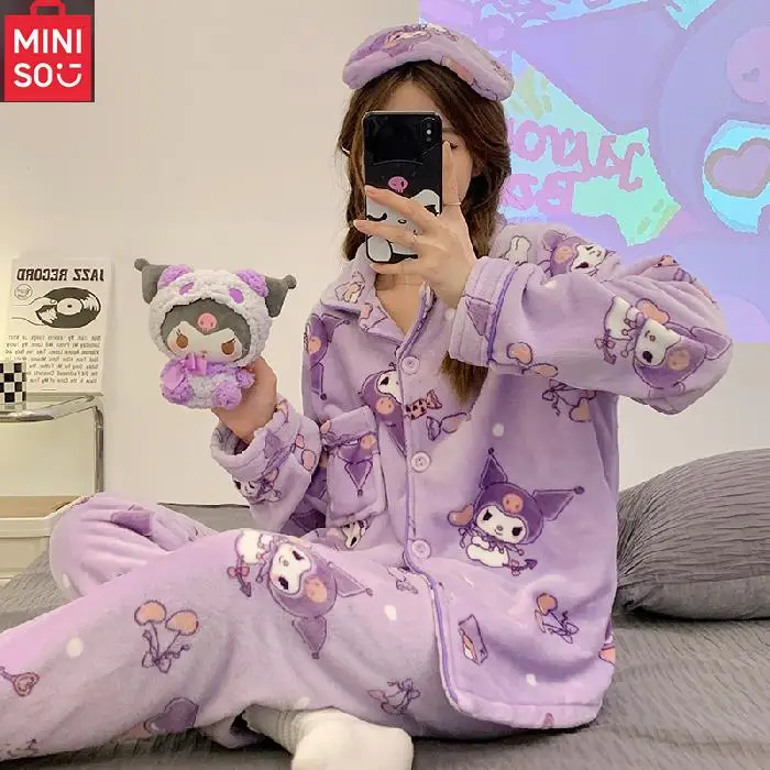 

MINISO Coral Velvet Cartoon Pajamas Women's Ins Winter Thick Warm Cute Flannel Home Clothes cardigan Set