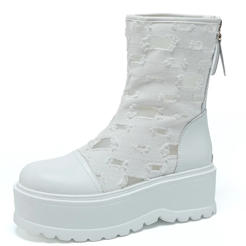 European Station Spring Summer New Hollow Hole Net Boots British Punk Muffin Thick Bottom Heightening Breathable Cool Ankle