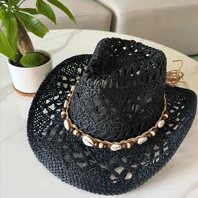 Sommer Böhmischen Shell Stroh Hut Strand Frauen Männer Cowboy Hüte Holz Perlen Aushöhlen Western Breite Krempe Sonnenhut Urlaub Kappe – Detail 8
