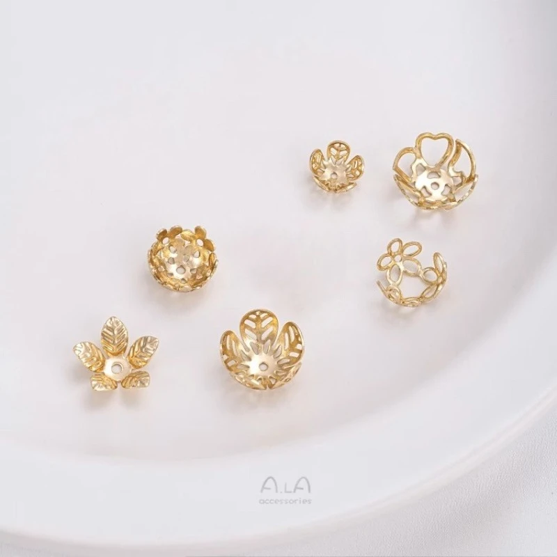 14K Gold Color Hollow Flower Hat Heart-shaped Leaf Plum Blossom Tray Handmade Bead Tray DIY Jewelry Accessories