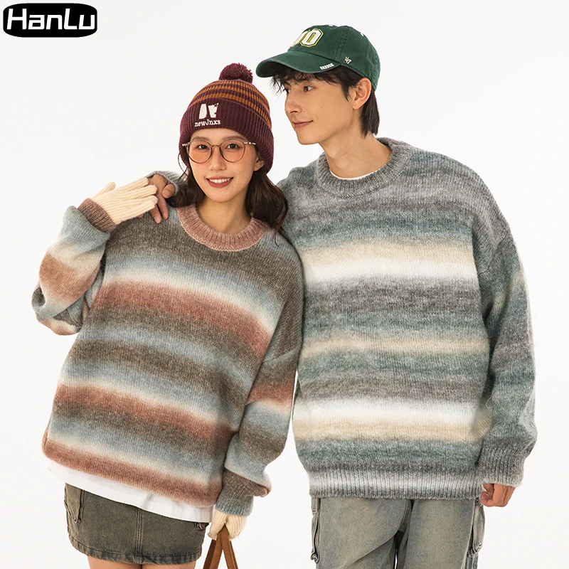 Men\'s Winter Round Neck Casual Sweater Coat Street Dance Couple Knitted Pullover Long Sleeve Y2K Stripe Tie Dyed Sweater Men