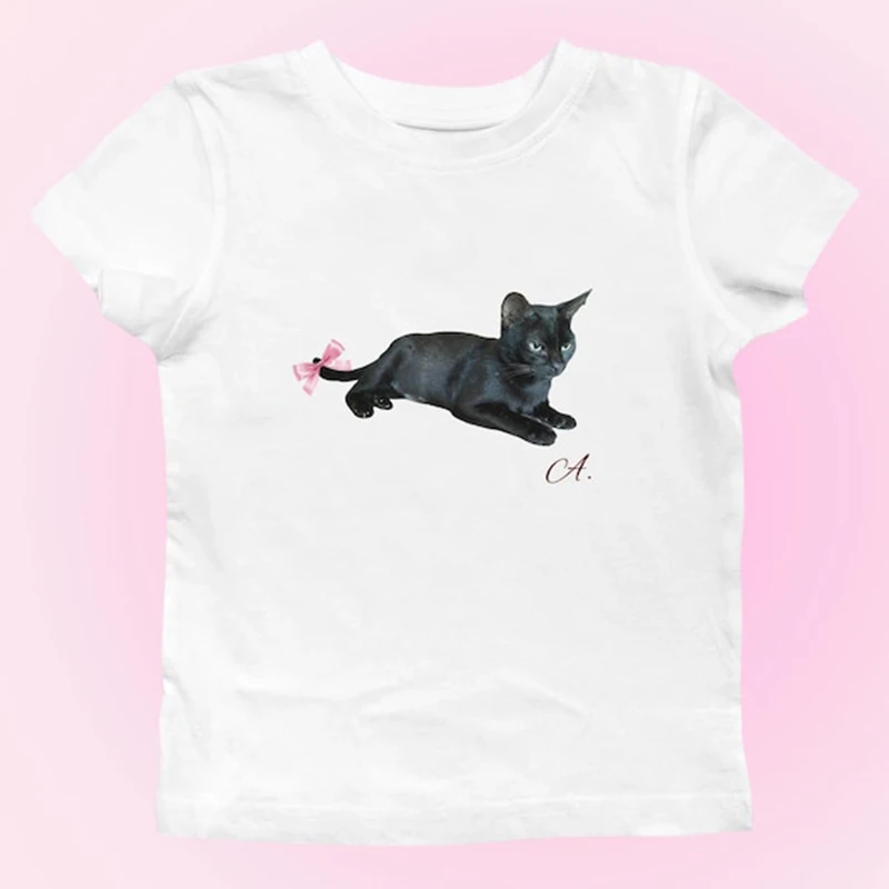 Cat With Bow Preppy Baby Tee Coquette Clothing 90s Style Short Sleeve Tee For Women Aesthetic Clothing Cat lover Top Y2k T-shirt