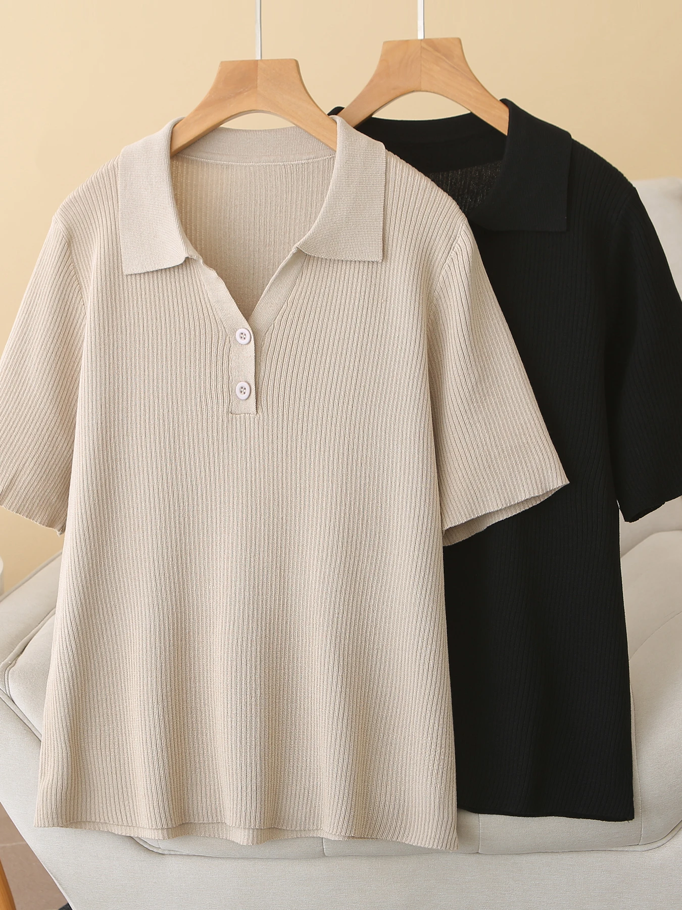 

Summer Neck Short Sleeve Knitted Sweater Women Loose Large Size Elegant Pure Color Button up T-Shirt Top French Style