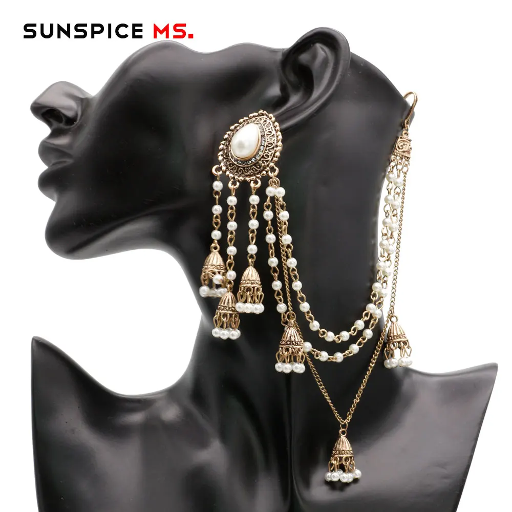 Sunspicems Indian Earring Link Headdress Jewelry One-piece Pearl Bead Chain With Metal Pendant Antique Gold Color Bohemia Bijoux