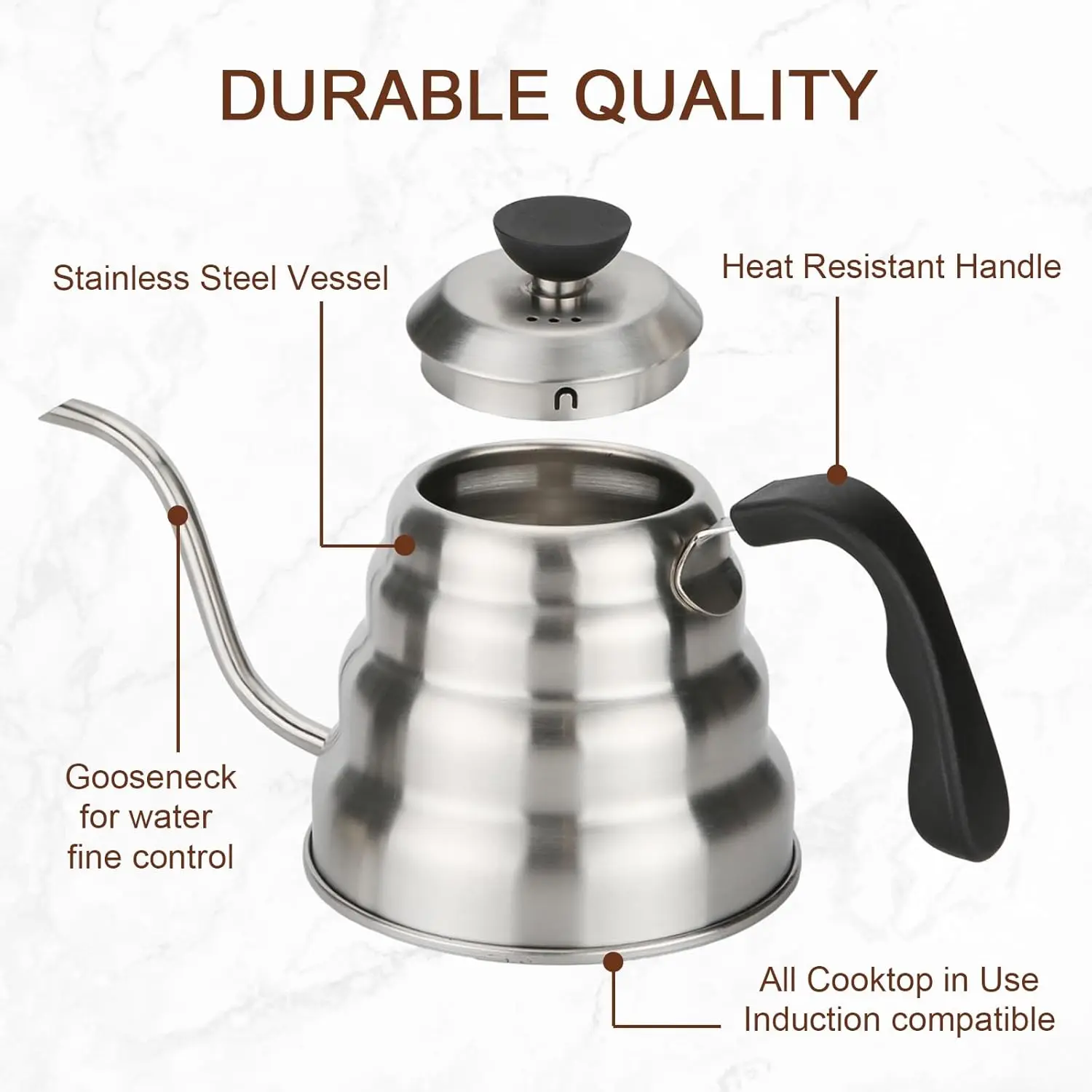 กาต้มน้ำคอแคบสำหรับกาแฟพรีเมียม สแตนเลส - 40 ออนซ์ / 1.27 ควอร์ต / 1.2 ลิตร / 5 ถ้วย - เหมาะสำหรับการชงกาแฟแบบดริป