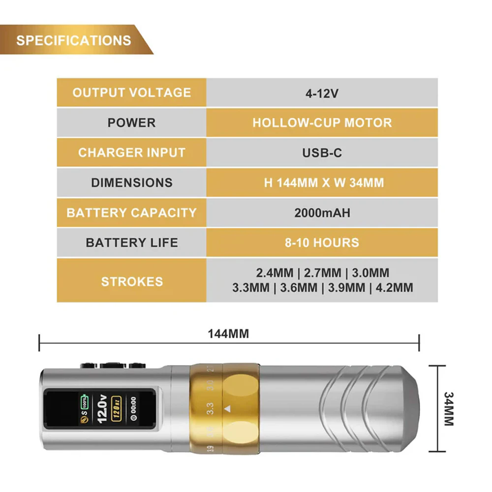 JCONLY EPOCH Wireless Tattoo Pen Machine 7 Stroke Adjustable 2000mAh Rechargeable High Capacity Battery Tattoo Pen Tattoo Supply