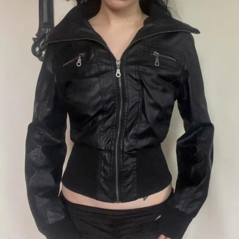American Retro Tooling Zipper Leather Jacket Solid Color Slim-fit Women's Top