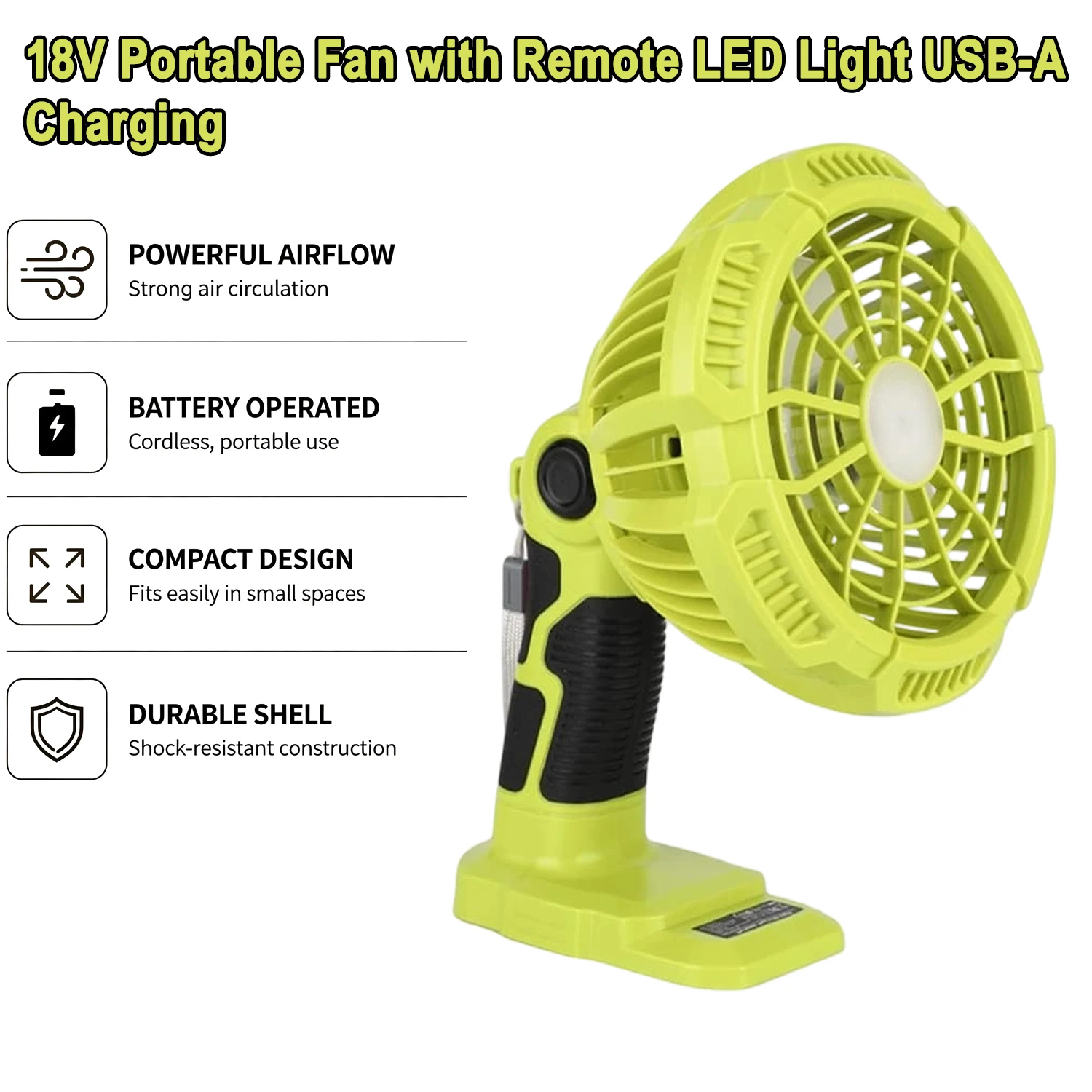18V Portable Fan with Remote and LED Light and USB-A Charging port for Makita/Dewalt/Bosch/Milwaukee/Black Decker/Ryobi