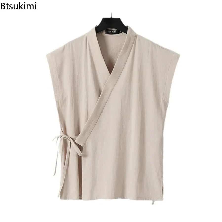 Chinese Traditional Clothes Men\'s Cotton Linen Tank Tops Sleeveless Tang Suit Tops Kimono Cardigan Solid Vintage Hanfu Vest Male