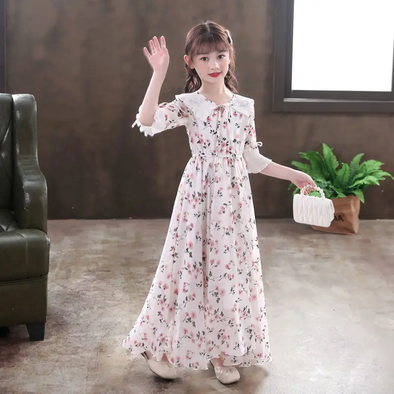 5-16Y Kids Floral Princess Party Dresses For Girls Summer Elegant Children Bohemian Chiffon Maxi Dresses Teenage Girl Clothes 12