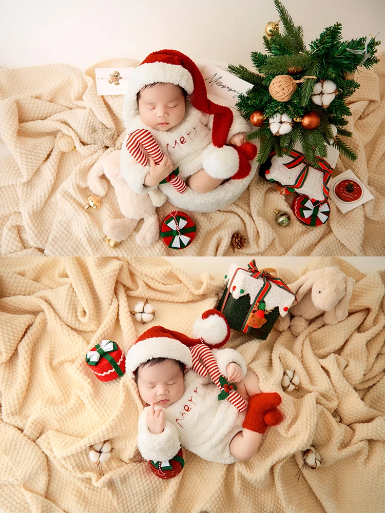 Professional Baby Christmas Theme Photography Props Set Santa Outfit+hat Candy Cane Mini Gift Box Decor for Newborn Studio Shoot