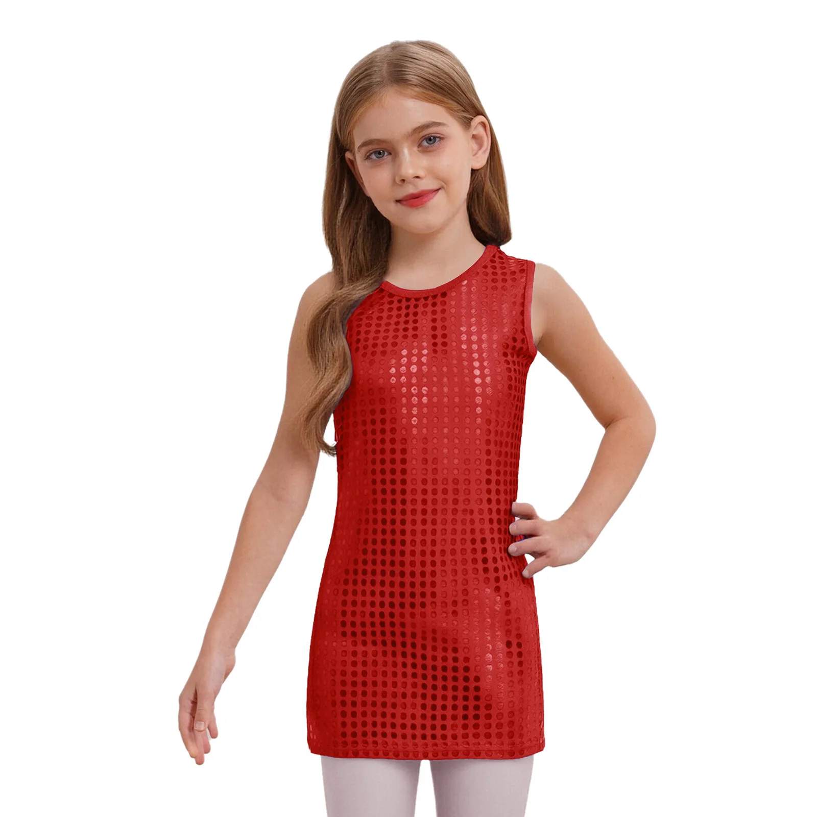 

Kids Girls Tank Dress Metallic Dots Round Neck Sleeveless A-line Dress 70s 80s Disco Jazz Dance Dress Stage Performance Costumes