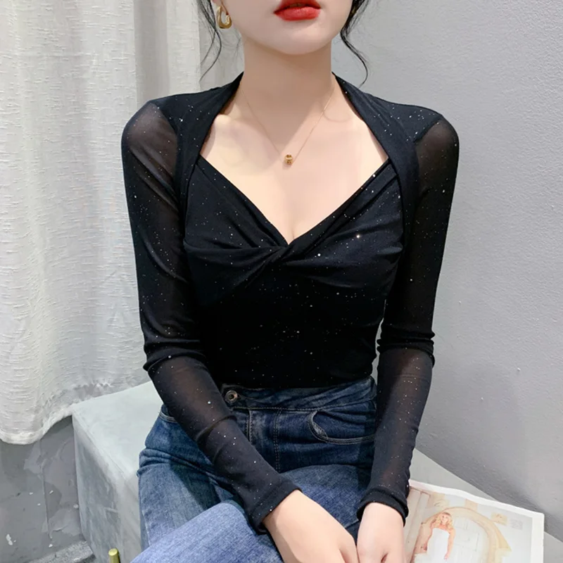 #8588 Black Blue Red Shinny Mesh T Shirt Women V-neck Tight Office Tshirt Femme Long Sleeve Wrap Tshirt Thin Perspective Tee