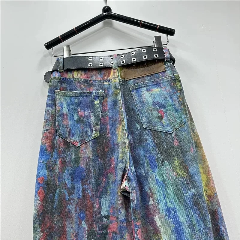 2025 Pantalones de pierna ancha con diseño teñido anudado hechos a mano europeos y americanos, pantalones sueltos con estampado de empalme de color contrastante, personalizados