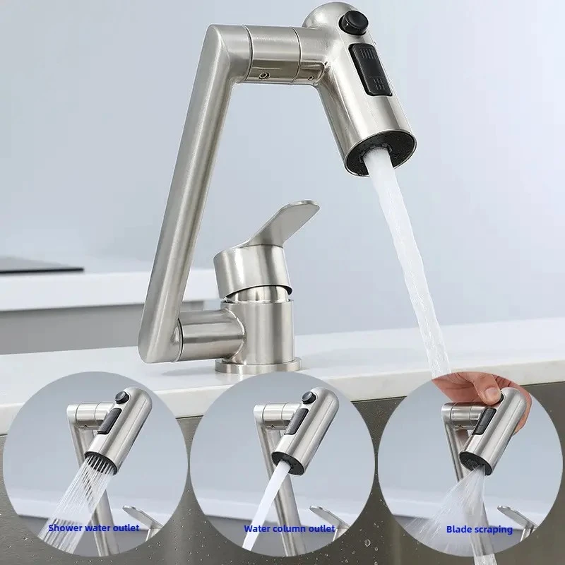 Foldable Bathroom Basin Faucet Stream Sprayer Hot Cold Water Tap Stainless Steel Mixer Wash Tap Aerator 360° Rotation Swing Arms