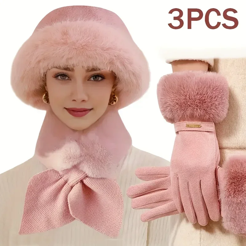 3-piece Women's Winter Set with Thick Gloves, Scarves, and Hats Suitable for Cold Weather and Adding Gloves and Hats in Winter
