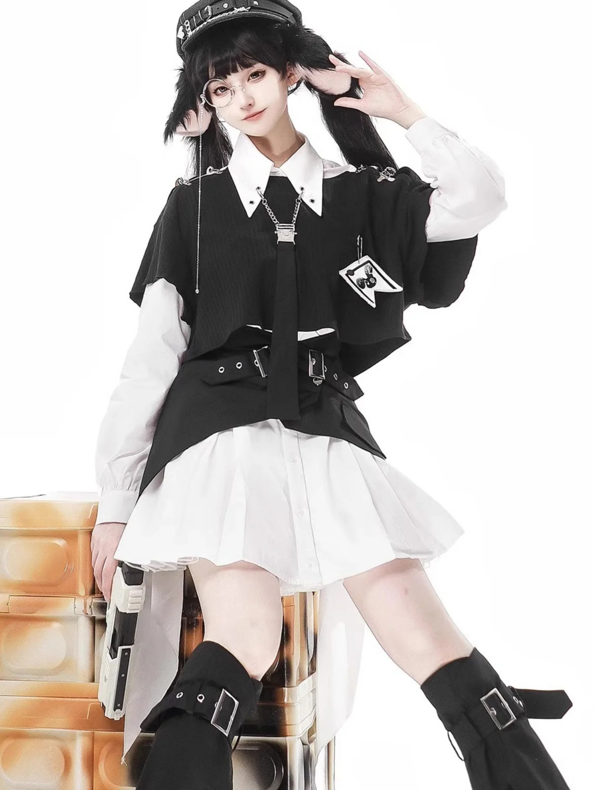 Original Cute Rabbit Sheriff Lolita Dress Military Style Night Travel Rabbit Lolita Set Dark Top Half Skirt Set