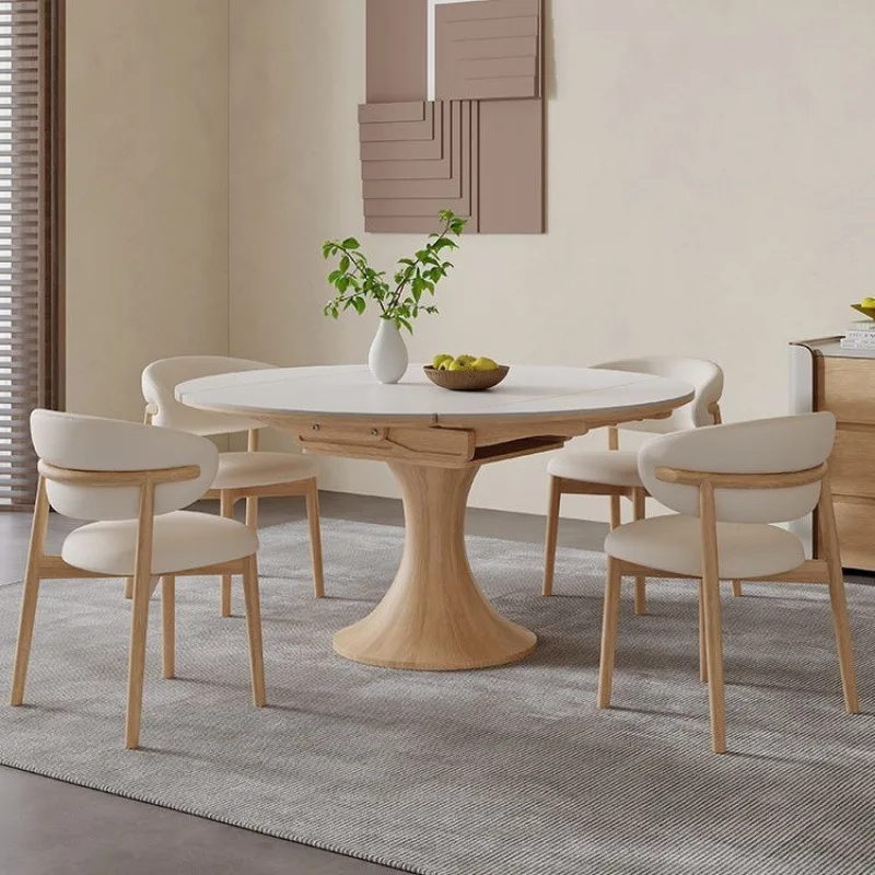 #Wooden Cream Style Swivel Rock Slate Dining Table Modern Simple Square Round Dual-use Extendable For Small Apartment