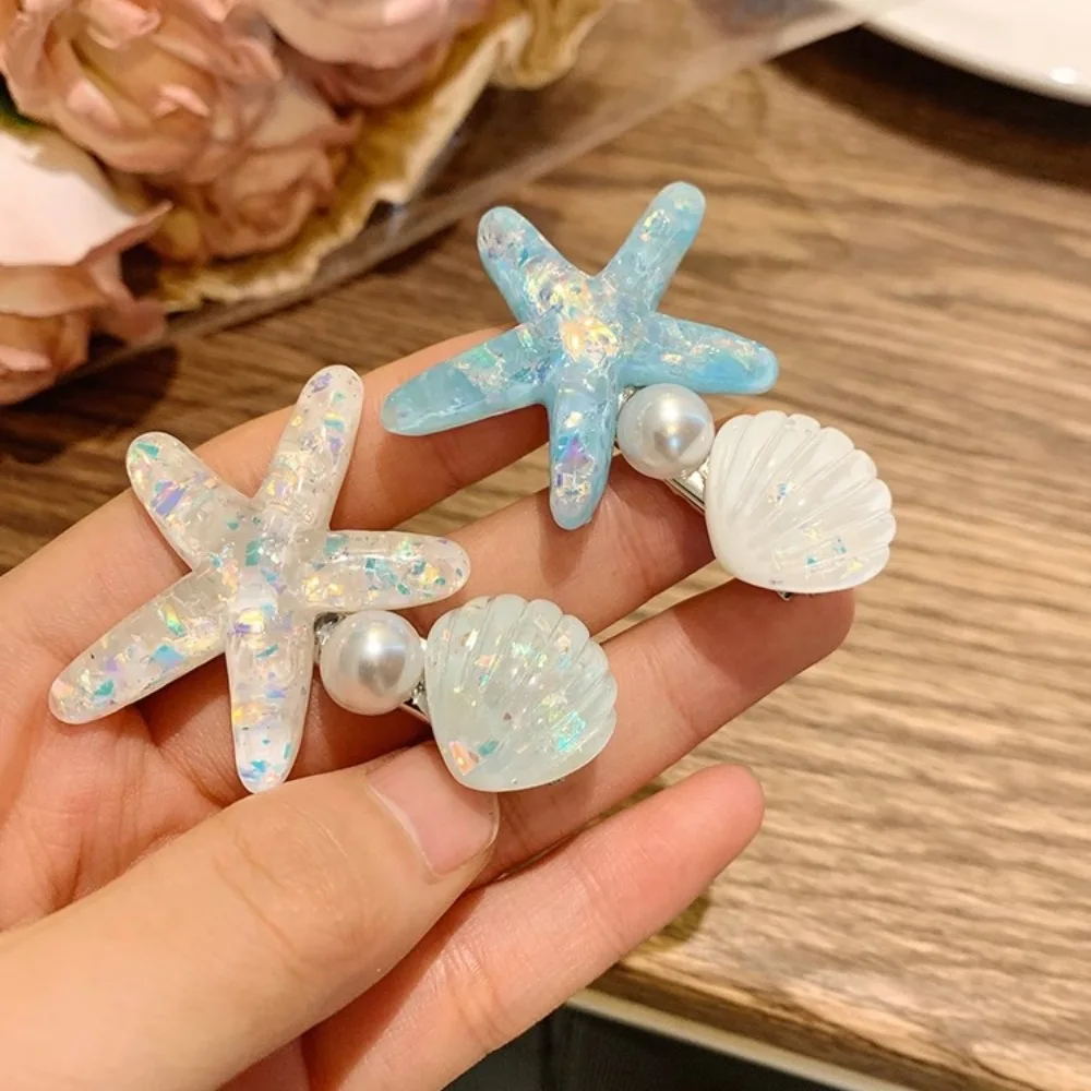 Blue Starfish Shell Pearl Hair Clip Sweet Edge Clip Bangs Hairpin Cute Vacation Style Duckbill Clip Hair Accessories for Women