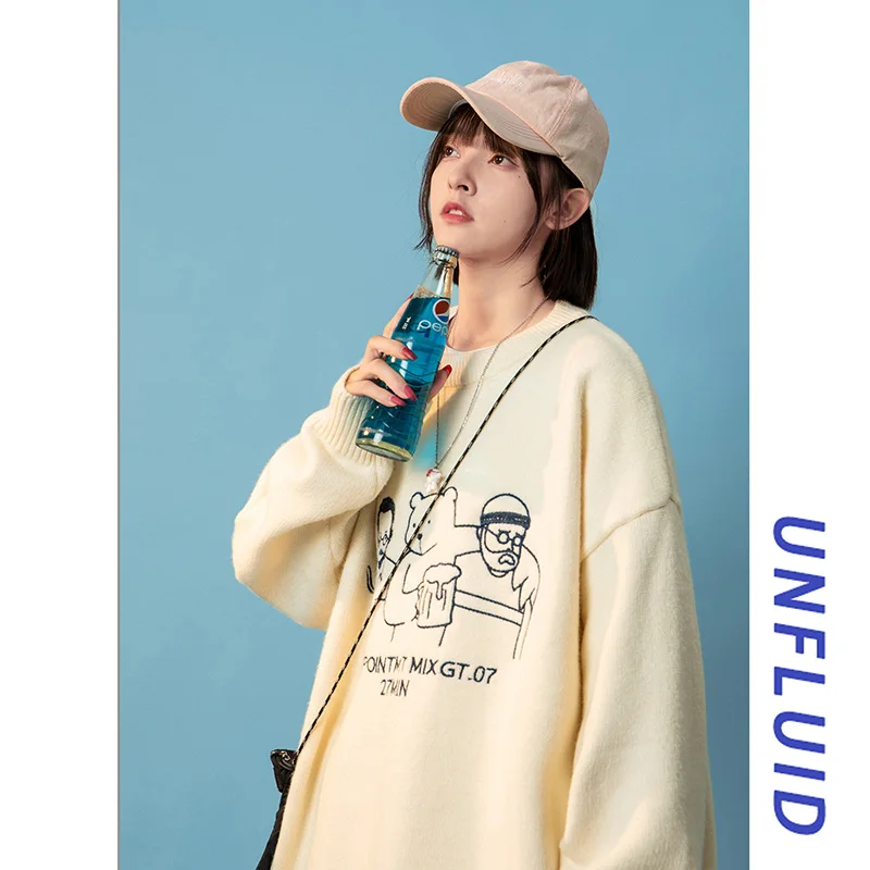 

Американский вязаный свитер в стиле кэжуал с вышивкой, круглый вырез, парный дизайн, весенне-осенняя верхняя одежда