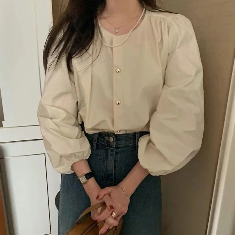 QWEEK Youthful Striped Shirts Woman Korean Fashion Elegant Lantern Sleeve Blouses Casual Chic Old Money Style Spring Aesthetic