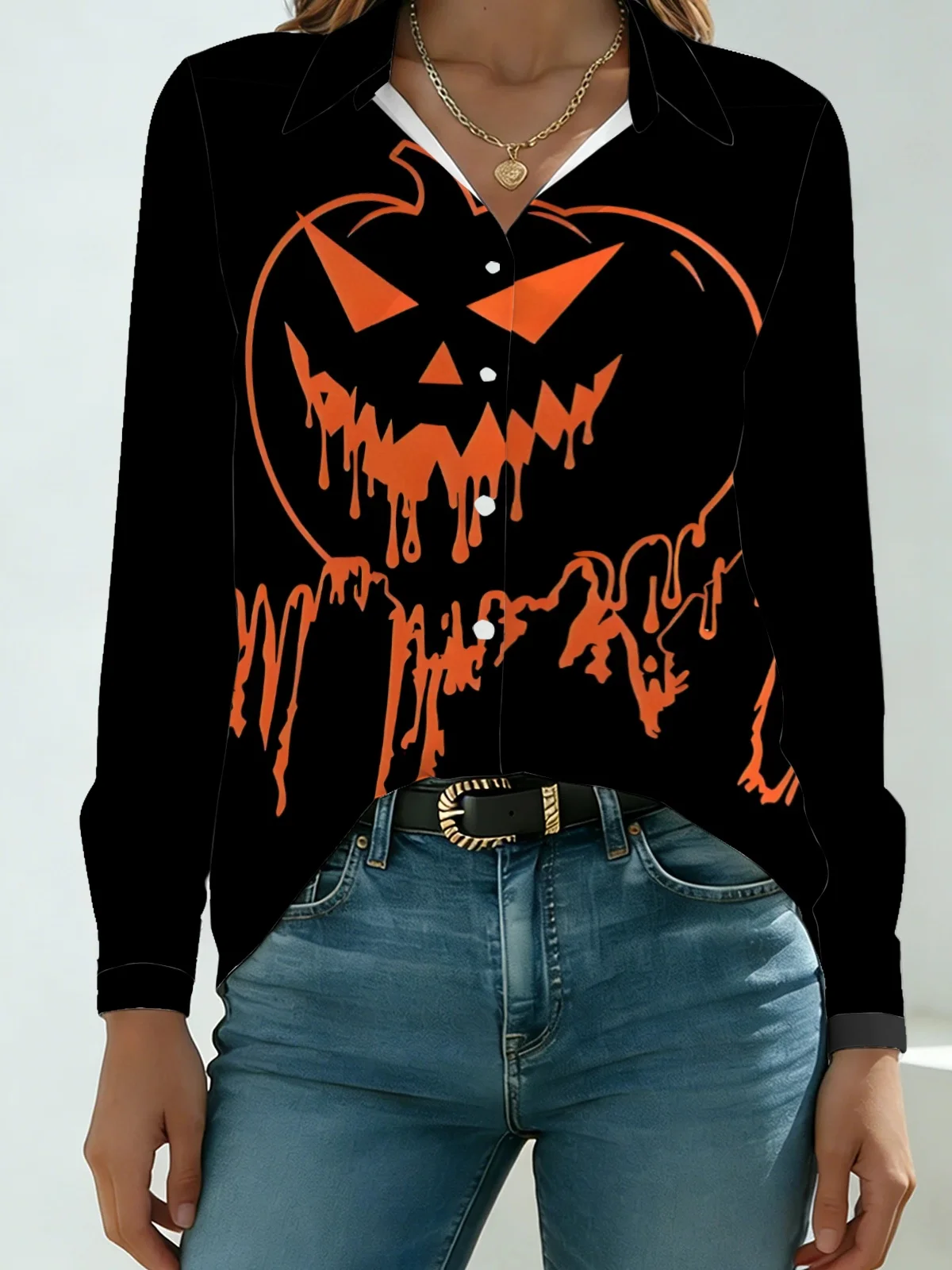 Minimal Gothic Halloween Pumpkin Womens Collared Shirt Pure Black Base Melting Drip Effect Jack-o-lantern Allover Print Long Sle