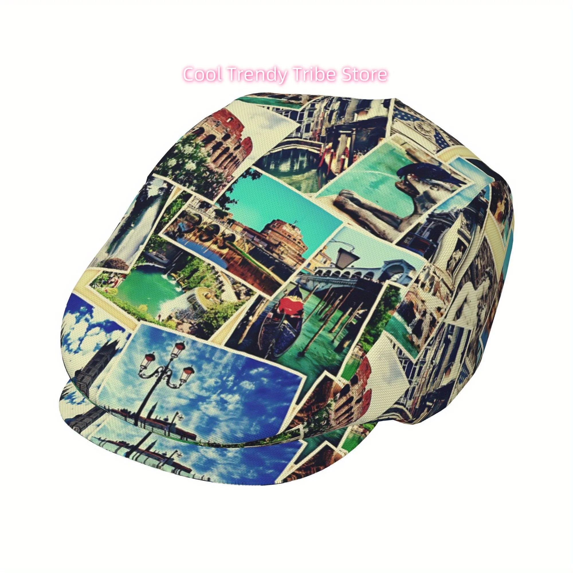 1pc Italian Landmark Beret Hat - Vintage Travel Poster Design with Rome, Venice, Florence - Lightweight Polyester Cap for Golf,