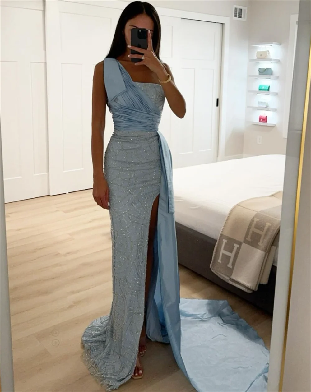 Annie Light Blue Wedding Dress Glittering Luxury Arabian Lady Prom Dresses Sexy Mermaid Side Slit فساتين سهرة Vestidos De Fiesta