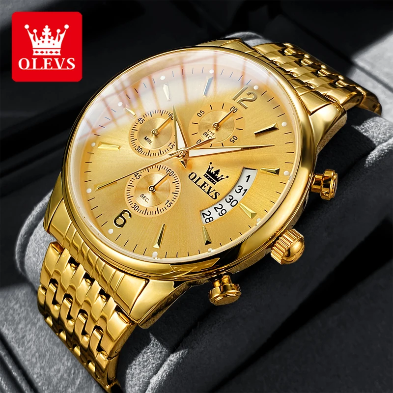 OLEVS 2867 Gold Men\'s Watches Stainless steel Waterproof Luminous Timer High Quality Quartz Watch for Men