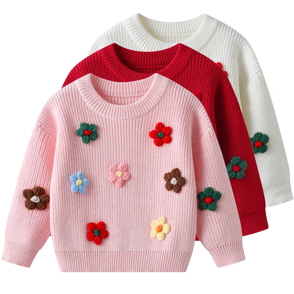 

UNITIM Toddler Girls Sweater Flower Embroidery Thicken Warm Infant Baby Girls Knitwear New Winter Casual Kids Girls Pullovers