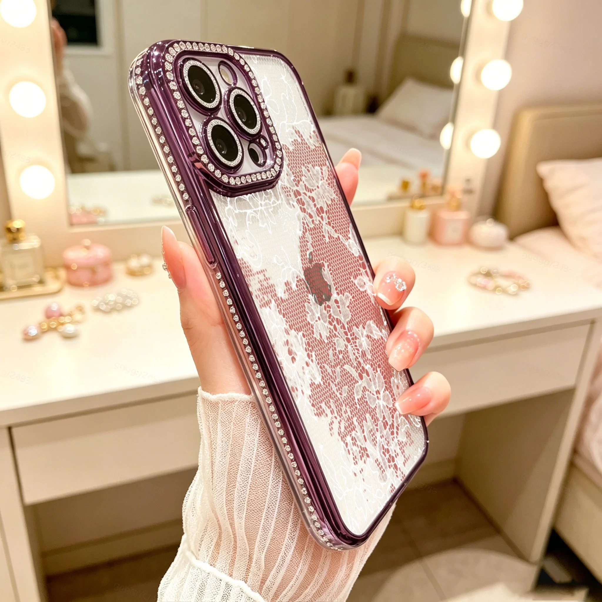 Diamond Electroplated TPU Phone Case for iPhone,  Elegant Lace Phone Case, Purple Rhinestone Camera Frame With Floral Pattern Design  , Luxury Glitter Rhinestone Frame, Built-in Lens Protector, Anti-Slip Shockproof Clear Cover - view 2