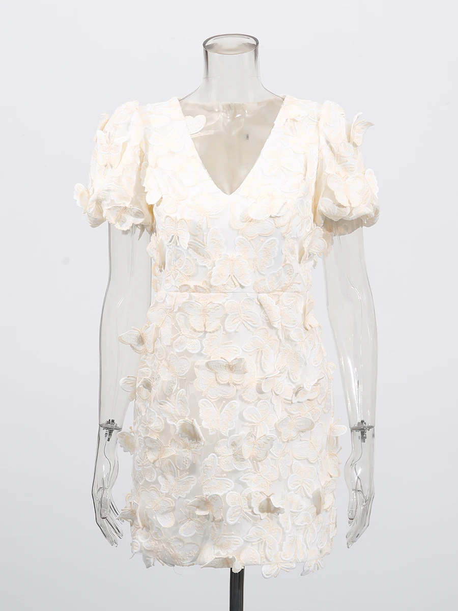 ชุดเดรสทรงบอดี้คอนปักลายปะติดระดับไฮเอนด์ VGH สำหรับผู้หญิง คอวี แขนพอง เอวสูง ทรงเข้ารูป หรูหรา สไตล์มินิเดรส เสื้อผ้าผู้หญิง