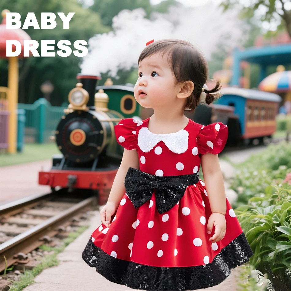 Kleinkind Mädchen Rotes Polka-Dot-Kleid Puffärmel mit Schleife Schwarzer Paillettenbesatz Weiches Satin-Kostümkleid für Geburtstagsfeier Cosplay