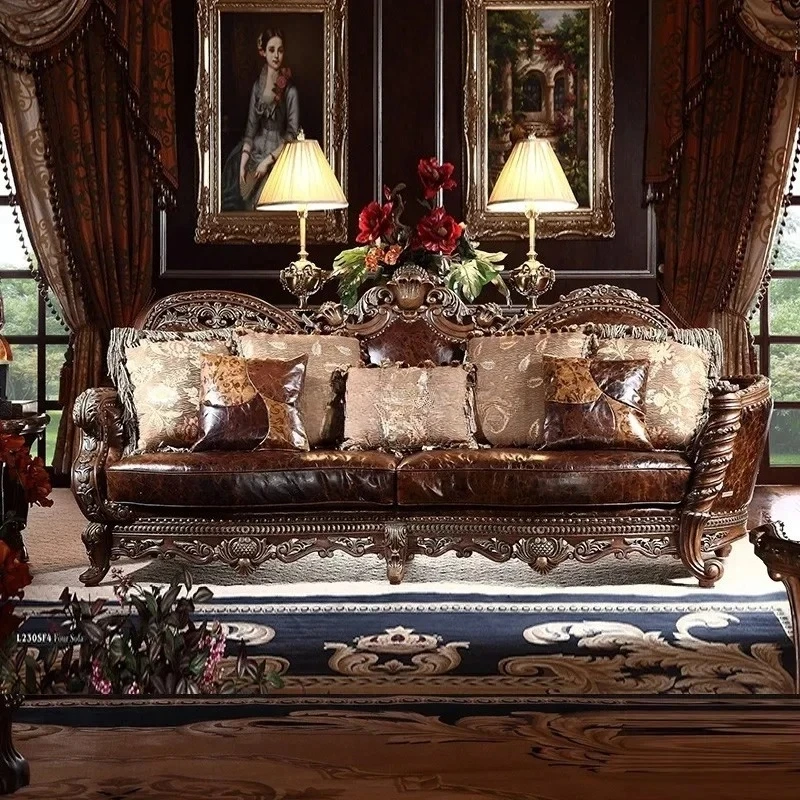 European Leather Sofa with First Layer Cowhide and American Retro Solid Wood Design - High-End Classic Furniture