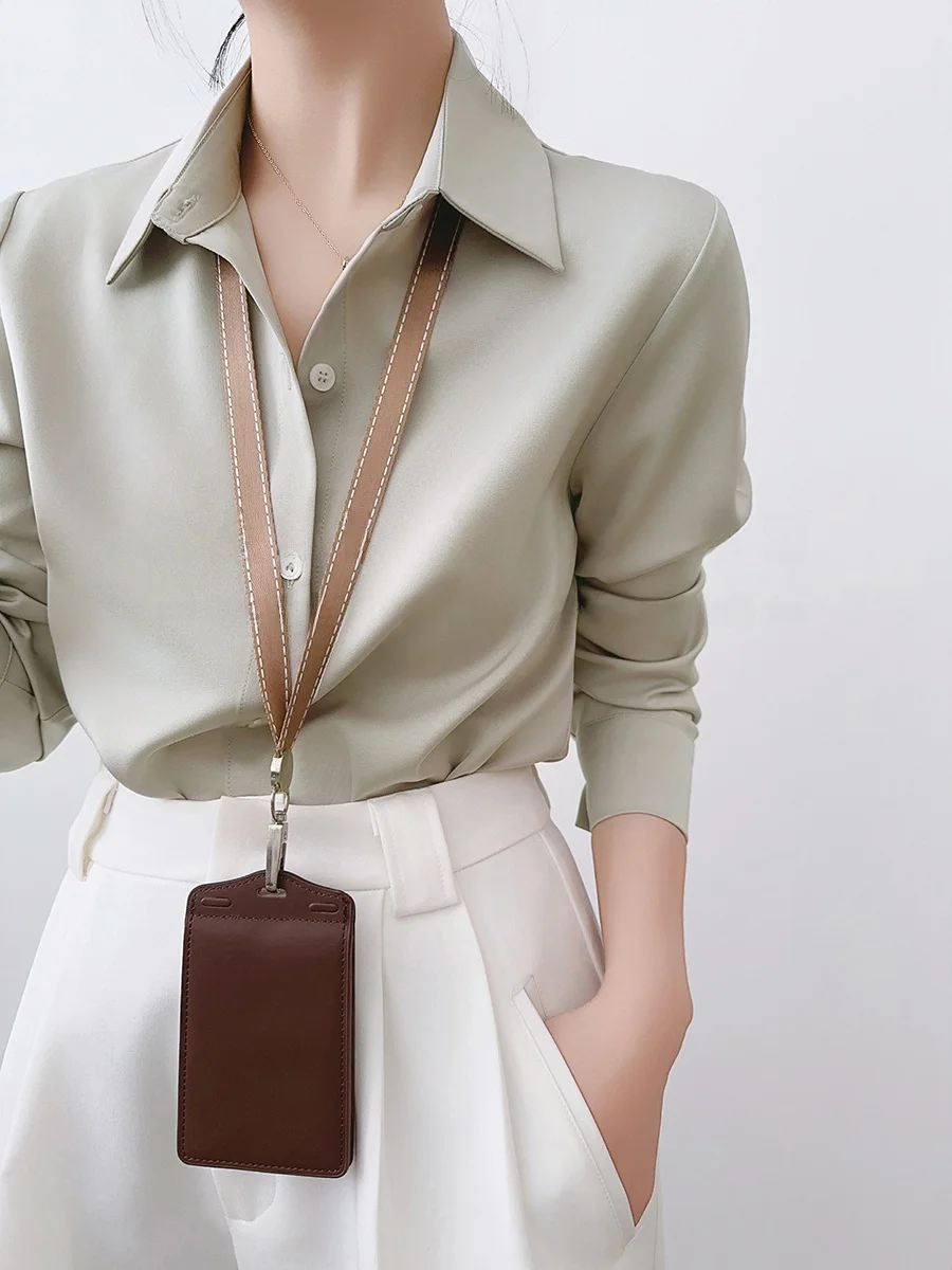

XALI een Satin irt Women's Profional Commute Top Simple Ele Busin Interview Blouse Straight Cut Long Sve