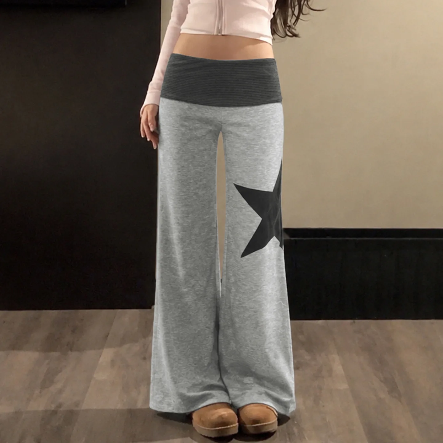 Y2k style retro contrasting color flip waist personality print slim casual trumpet pants