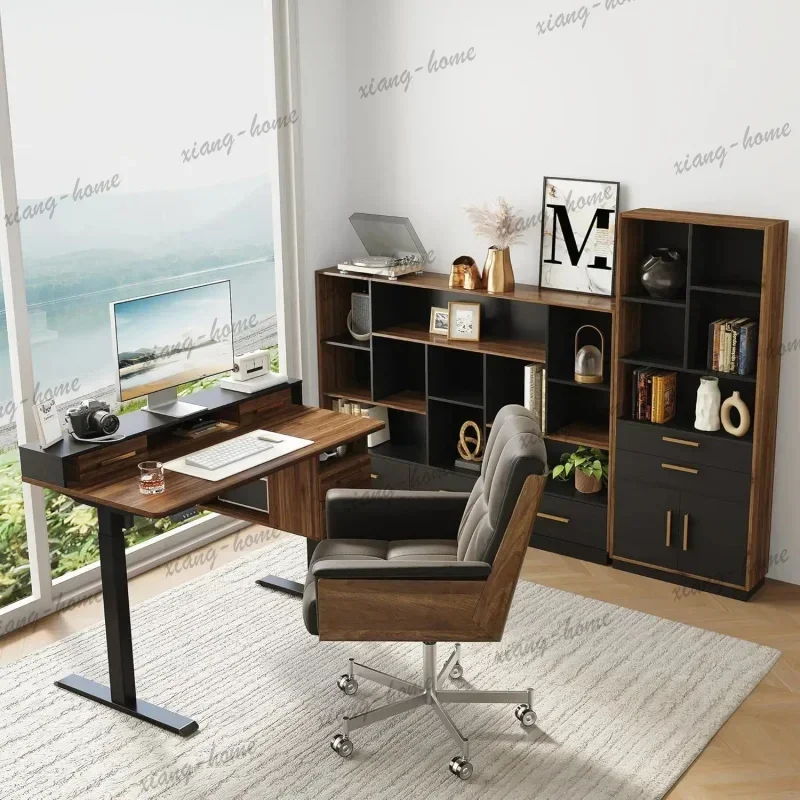 LD Streamlined Standing Desk with 2 Bookcases, Modern Home Office Furniture Set, 60’’ Wide & 59’’ Tall Floor Bookcases