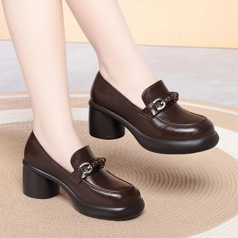 

Women Chunky Heel Loafers Beaded Metal Buckle Leather Shoes Comfortable Non Slip Work Dress Shoes For Ladies Mother's Shoes