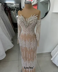 Elegant Women Evening Dresses Robe Long Sleeves Full Pearls Beaded Champagne Wedding Party Dress Customized Crystals Prom Gowns