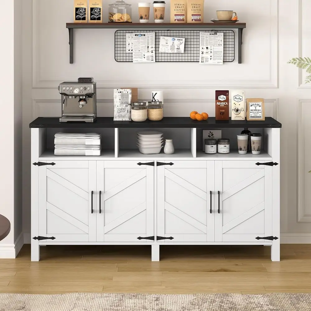 

59 White Armhouse Elegance Sideboard with Power Outlet & Adjustable Shelves for Living Room, Entryway, or Dining Area