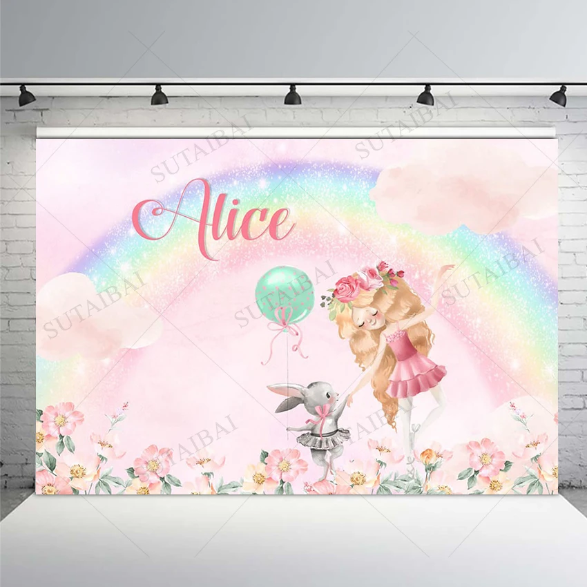 

Pink Dreamy Theme Background of Photography Rainbow Decorate Birthday Party Supplies Cute Girl Floral Balloons Photo Booth Props