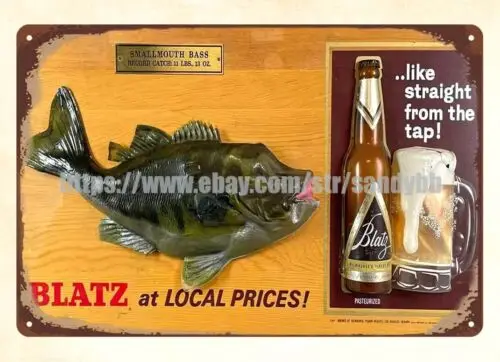 Blatz Beer Smallmouth Bass brewery man cave dinning metal tin sign artwork store 1pc sign